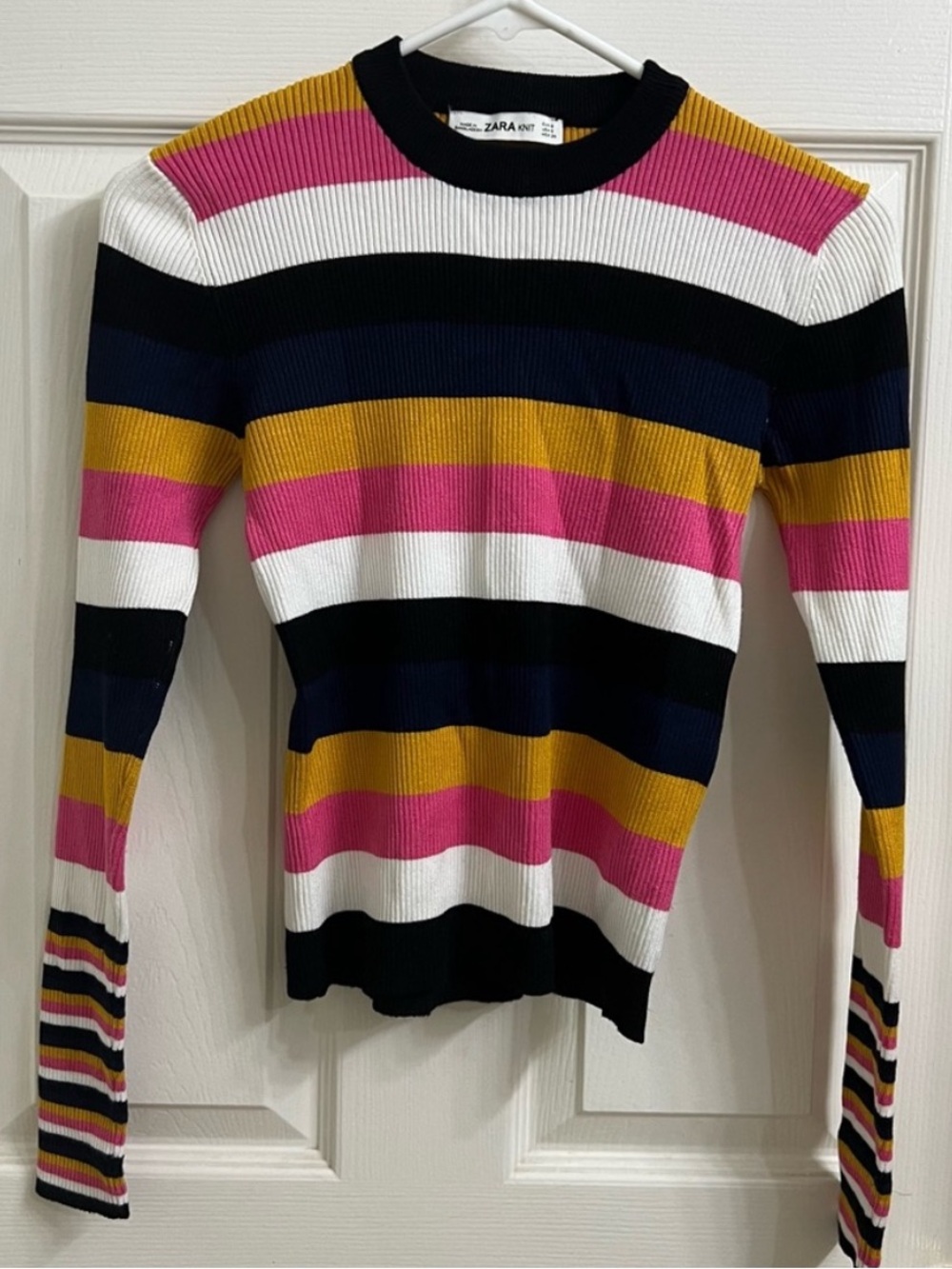 Zara gold black pink white color block stripe long sleeve mock neck stretchy top